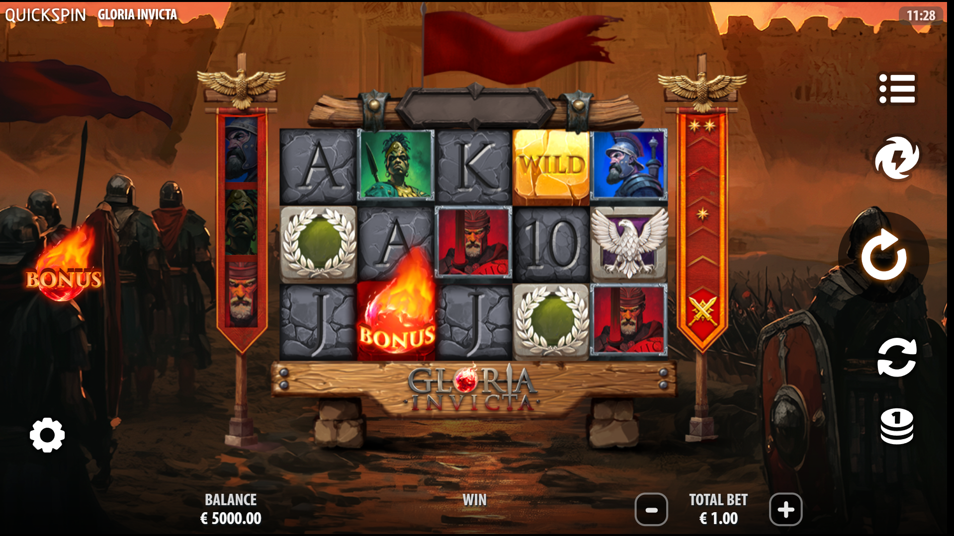 Gloria Invicta base game play showing the 5x3 reel grid with Roman army theme