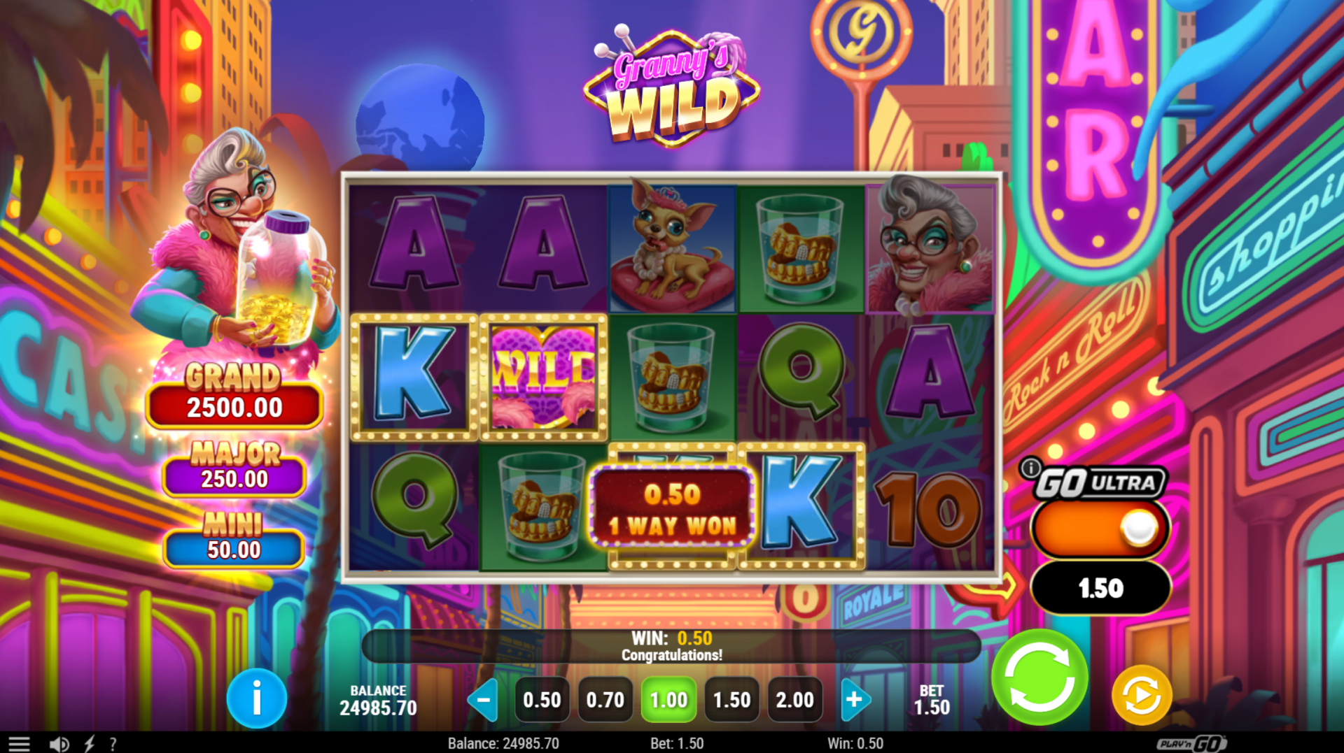 Granny's Wild base game showing the 5x3 reel grid with coin collection jar mechanic