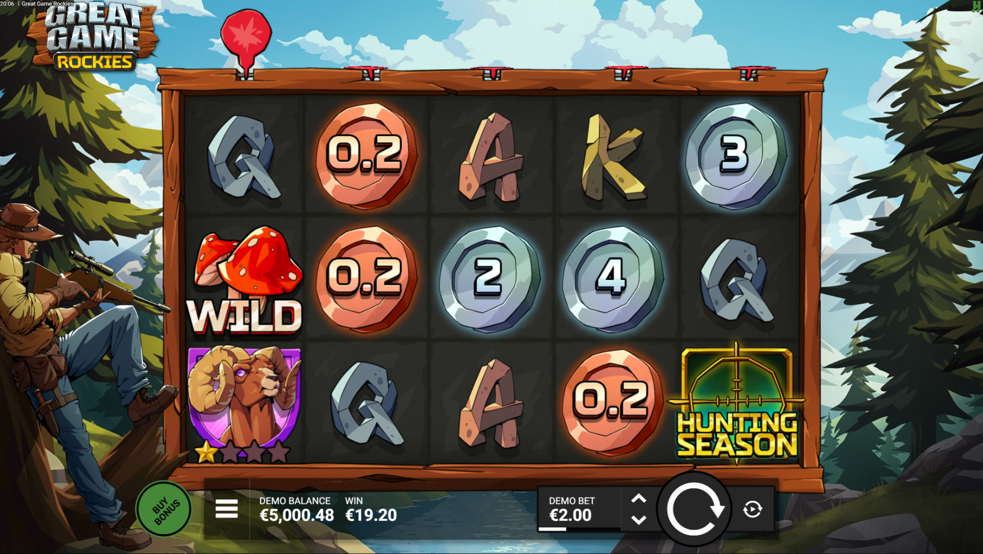 Great Game Rockies base game showing 5x3 grid with animal symbols