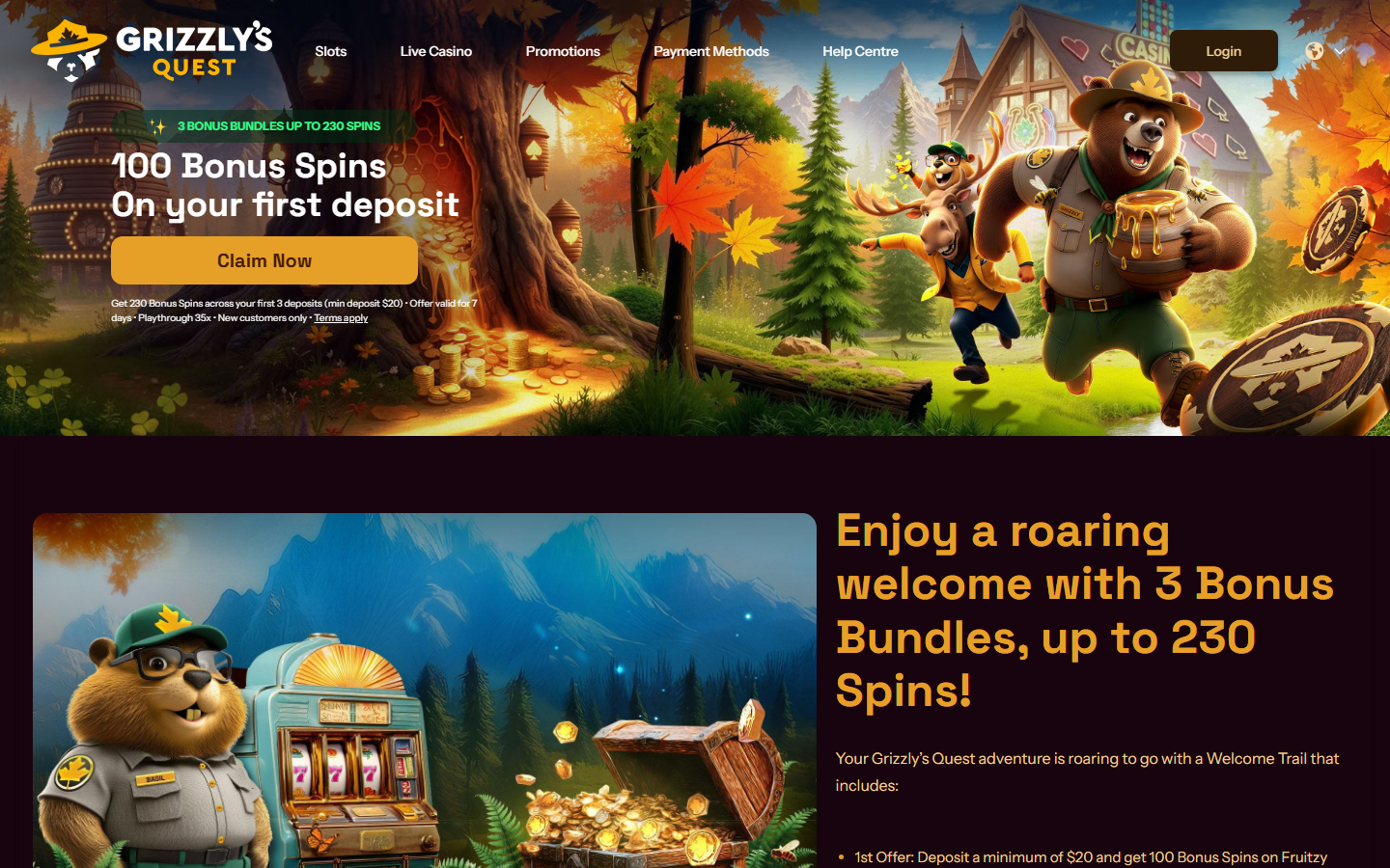 Grizzly's Quest Casino homepage hero offering 100 bonus spins on first deposit with the cartoon bear ranger mascot