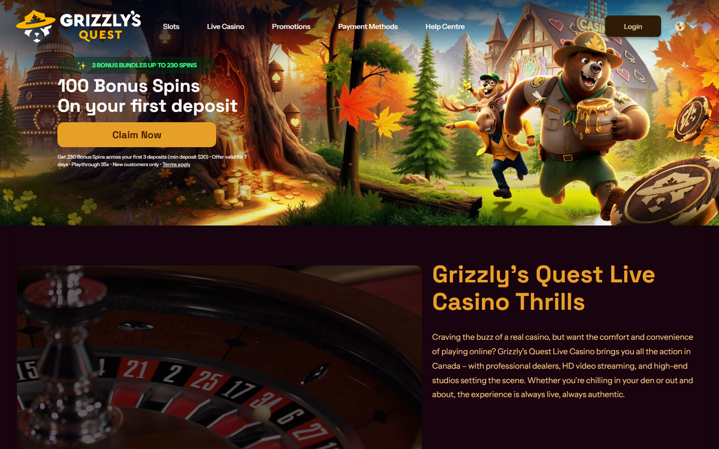 Grizzly's Quest Casino live casino page titled Live Casino Thrills with a live roulette wheel image
