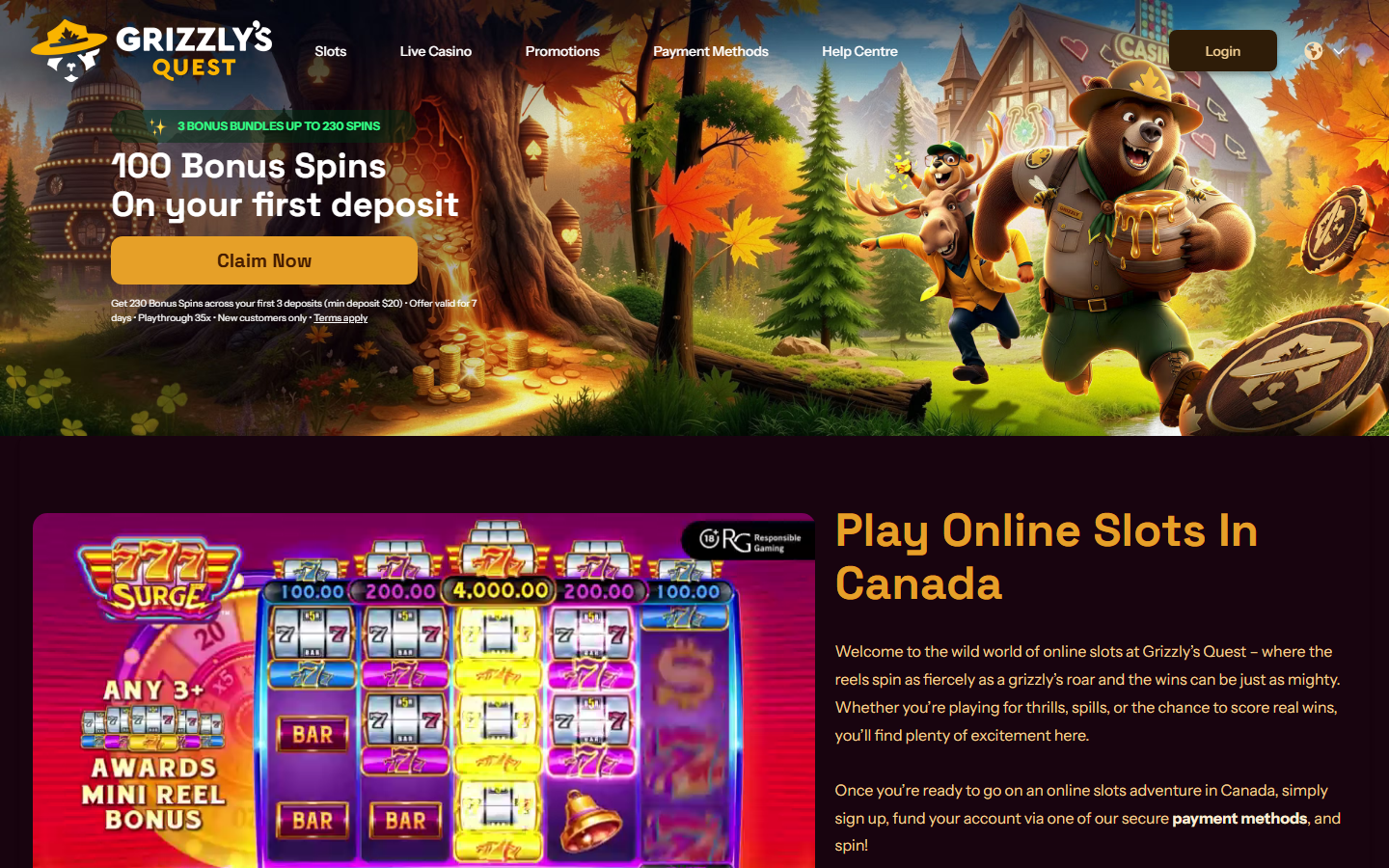 Grizzly's Quest Casino slots page titled Play Online Slots In Canada featuring a 777 Surge slot machine