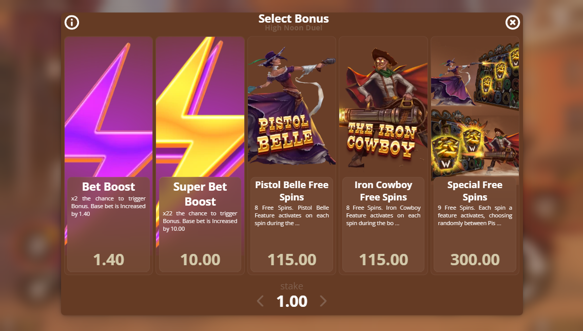 High Noon Duel Buy Bonus menu showing three bonus options