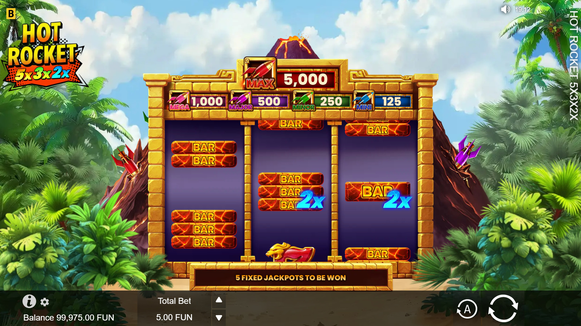 Hot Rocket 5x 3x 2x base game showing the 3x3 reel grid with BAR and seven symbols on a volcanic backdrop