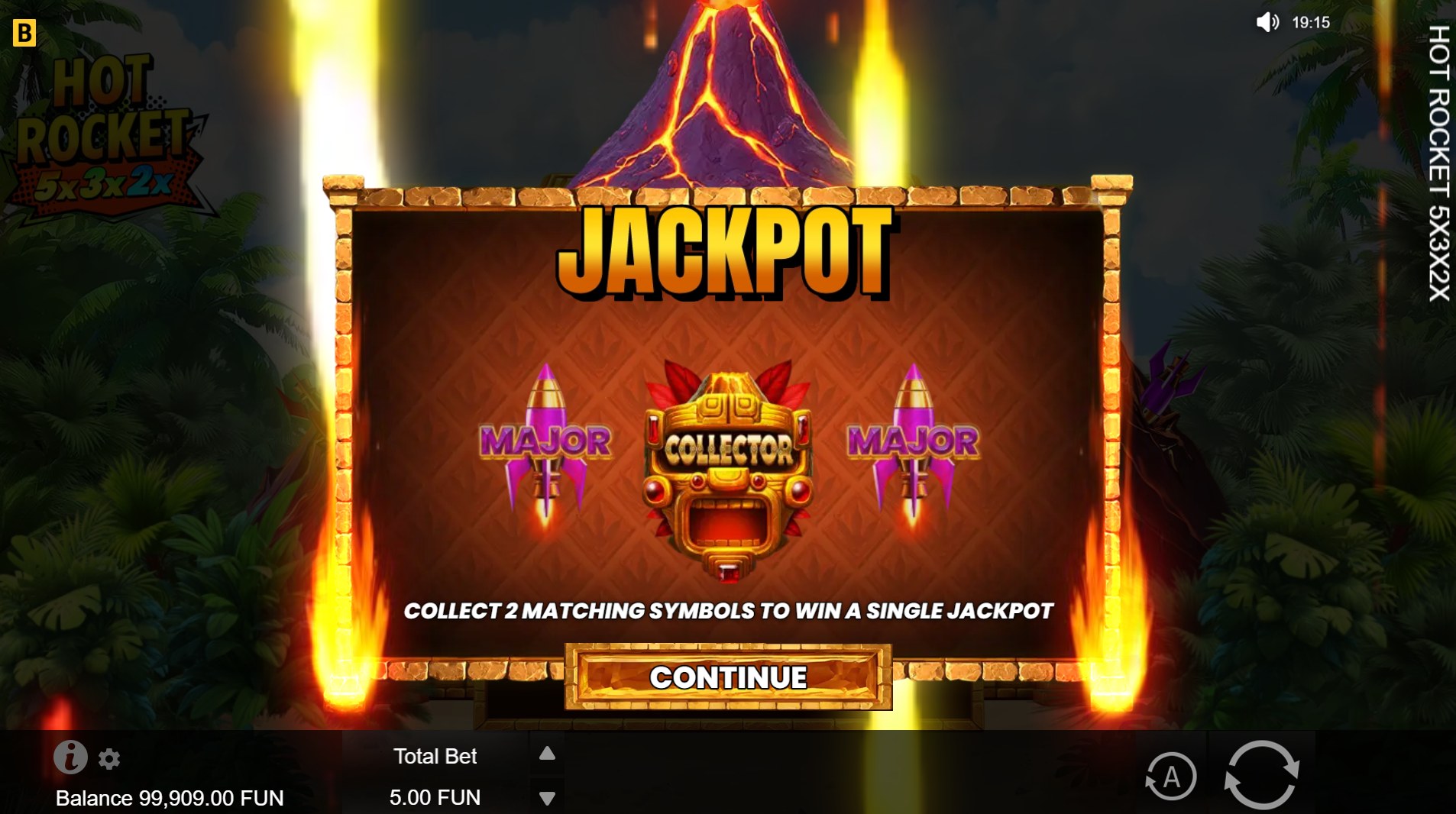 Hot Rocket 5x 3x 2x Jackpot Round feature with volcano meter activated and fixed jackpot display