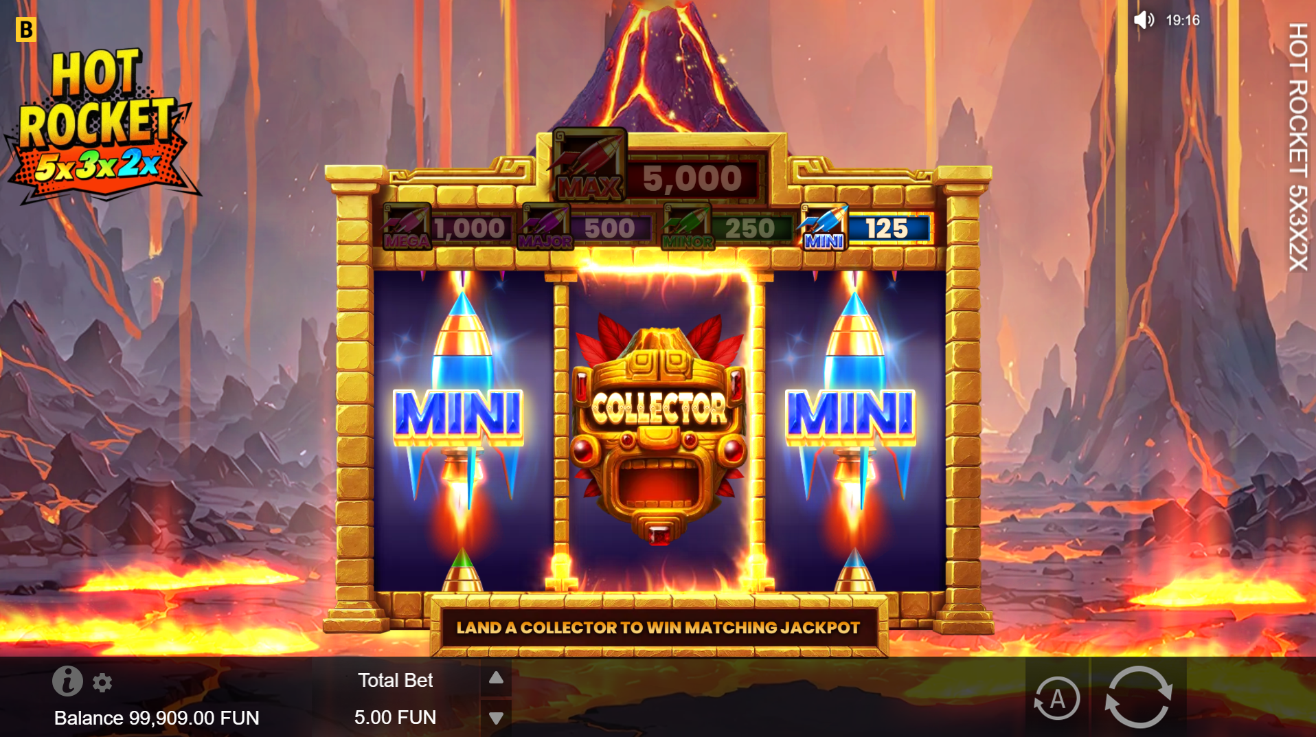 Hot Rocket 5x 3x 2x mini jackpot win screen showing a fixed jackpot payout