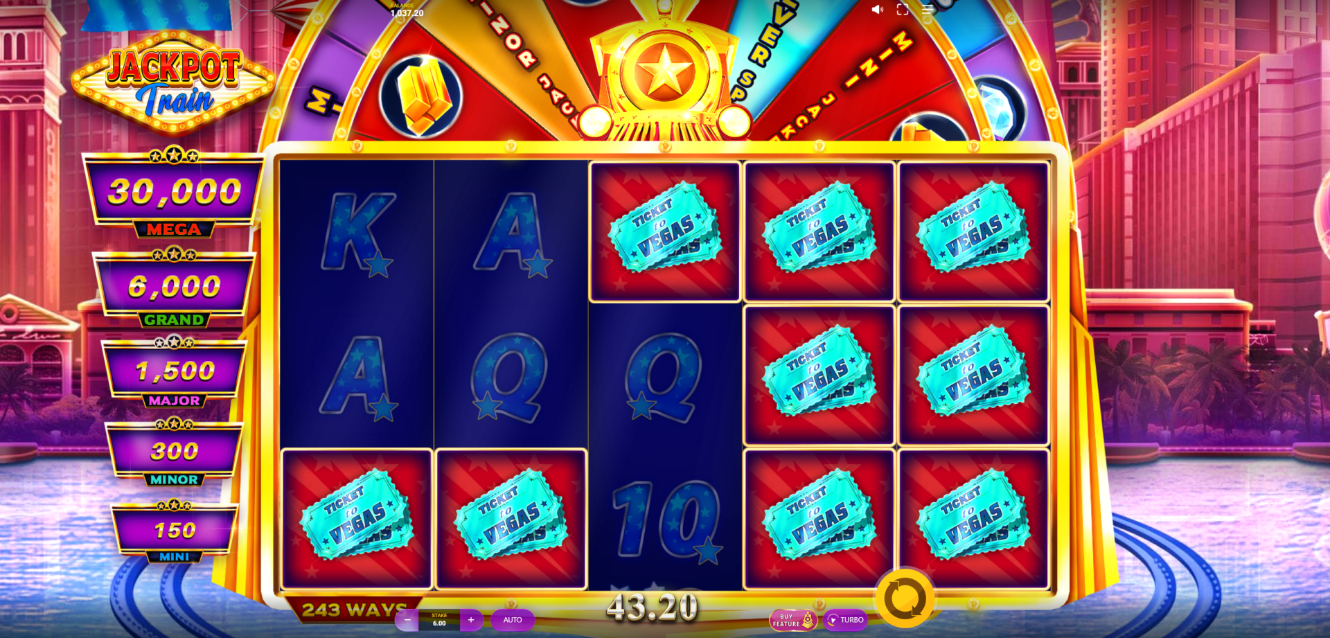 Jackpot Train base game showing 5x3 grid with Wild symbols, Bar symbols and 243 ways to win