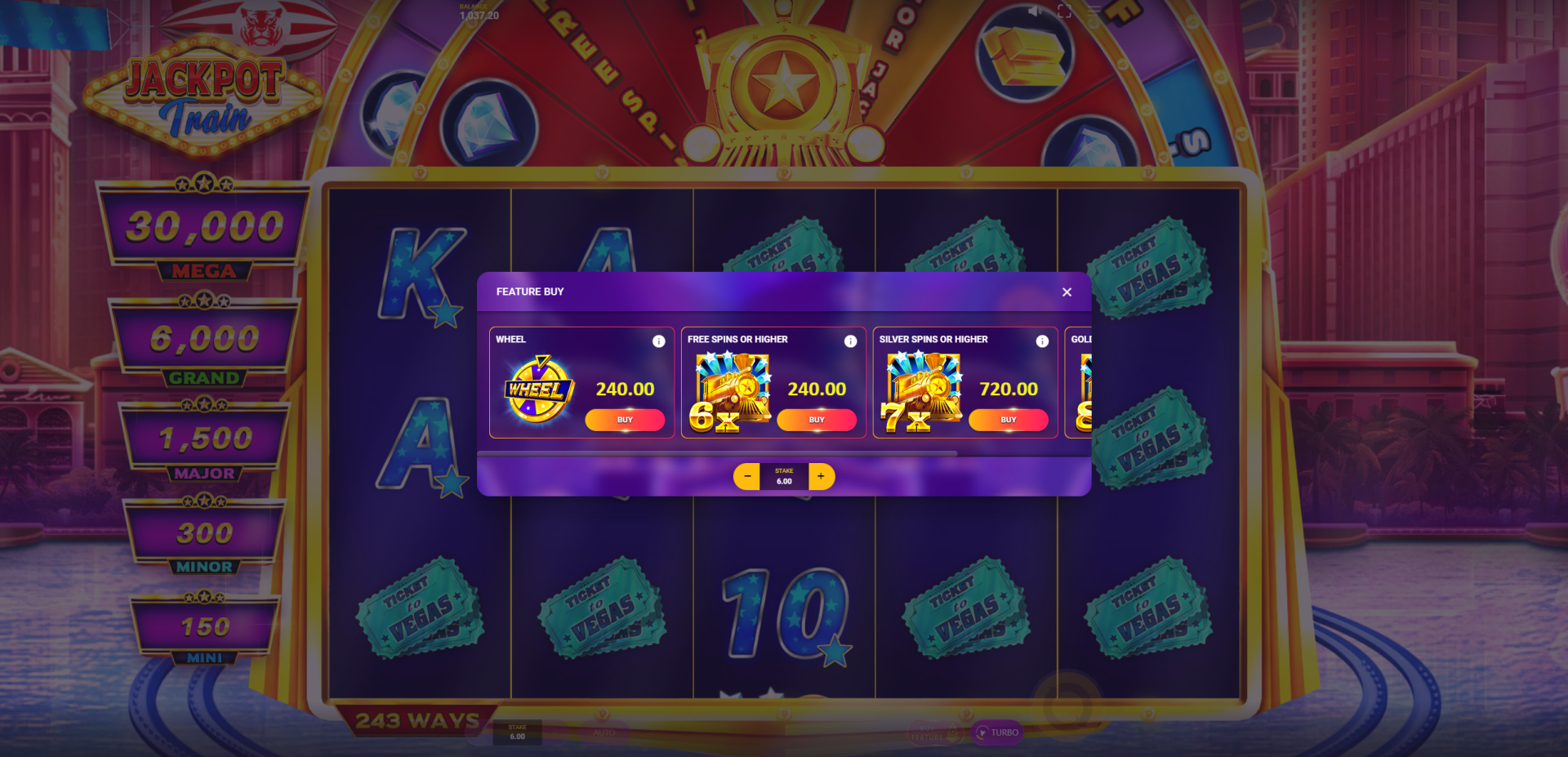 Jackpot Train bonus buy menu showing all four Feature Buy options