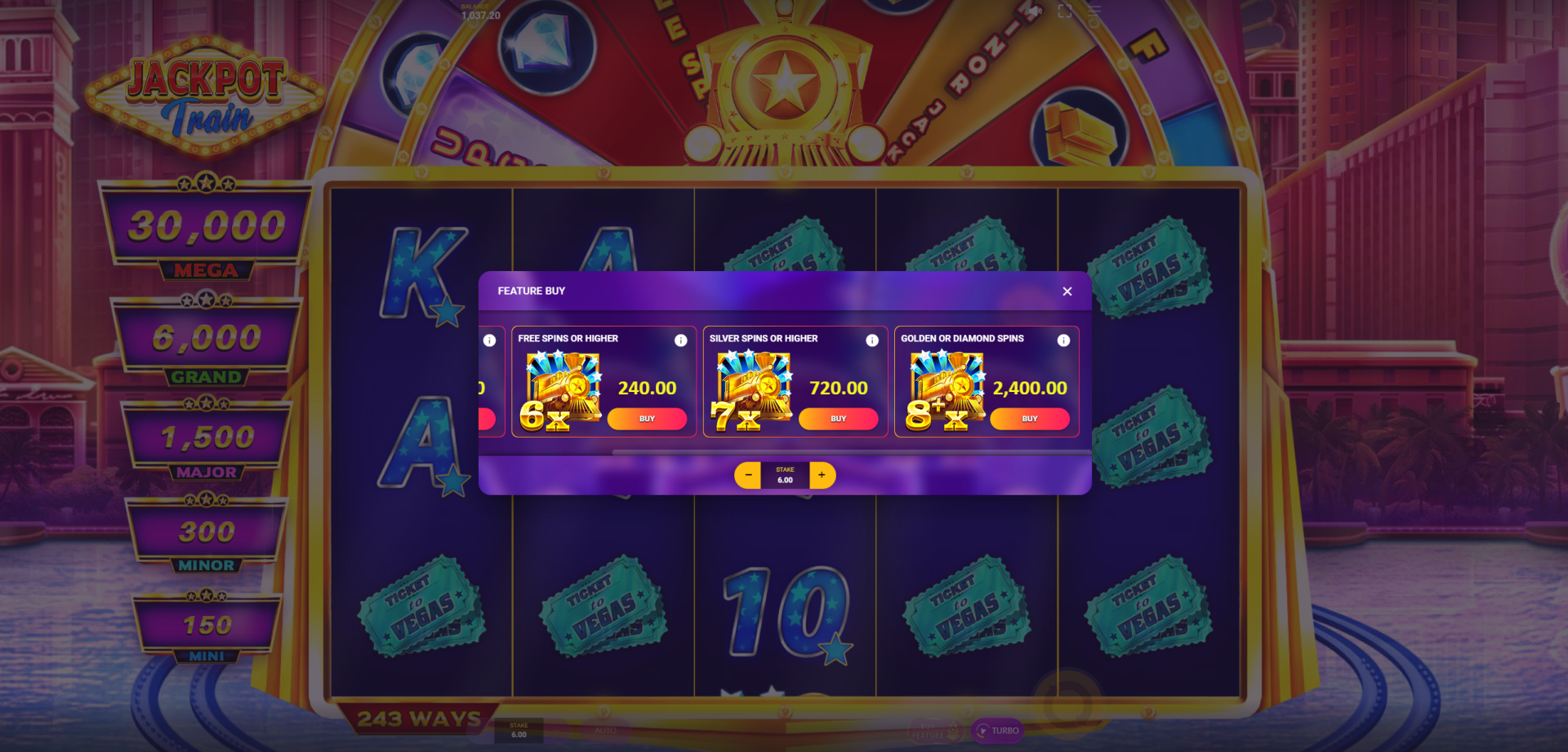Jackpot Train Golden or Diamond Spins bonus buy option at 400x stake
