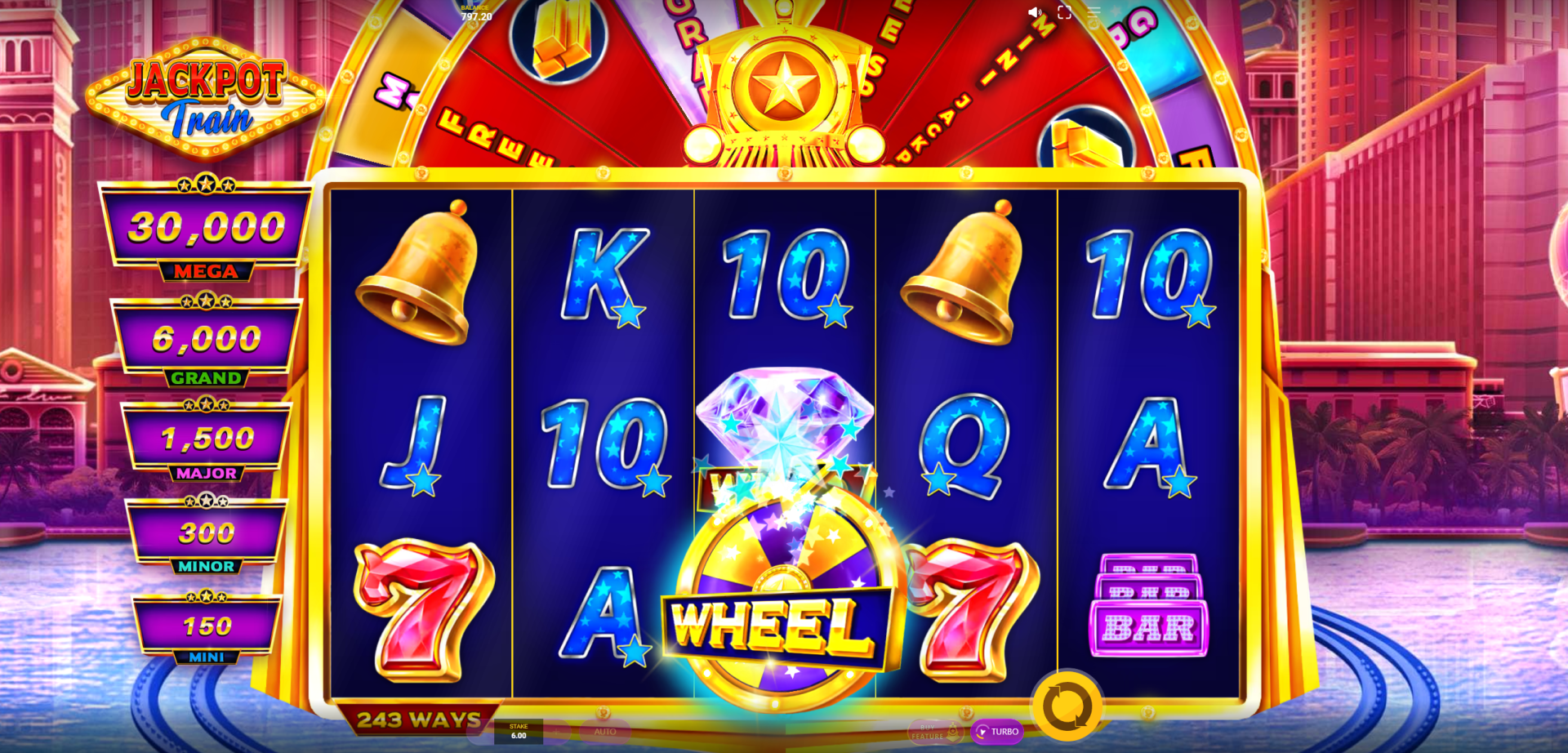 Jackpot Train Wheel bonus feature showing the prize wheel with jackpot sectors