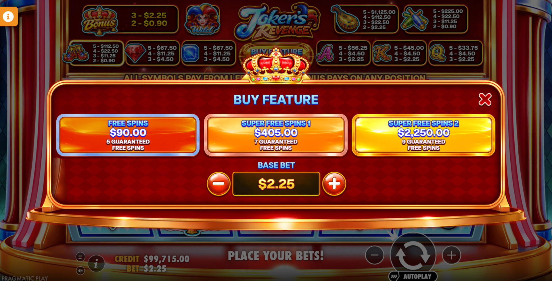 Joker's Revenge Buy Feature menu showing Free Spins, Super Free Spins 1, and Super Free Spins 2 options