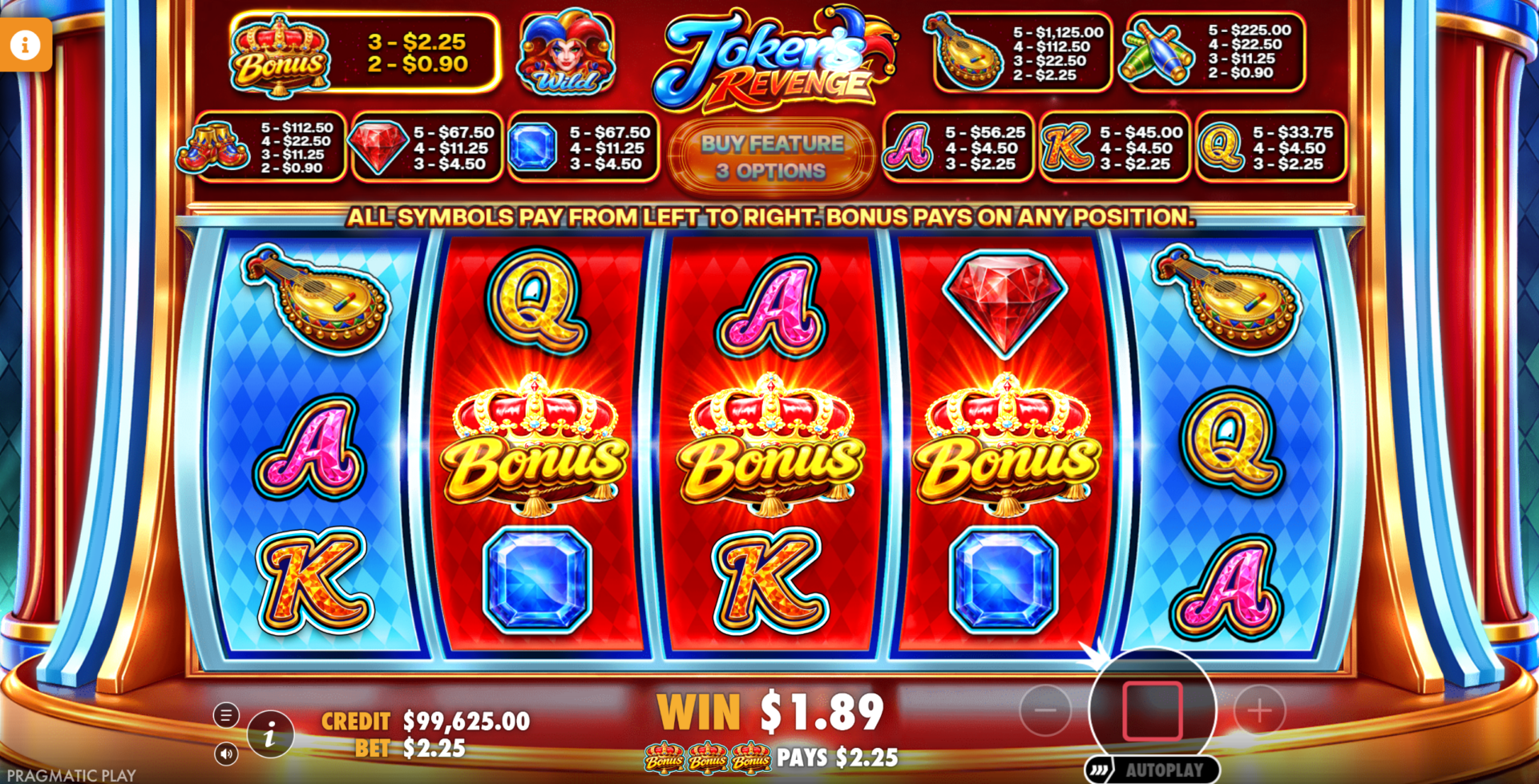 Joker's Revenge standard bonus triggered with three Bonus symbols landing on the reels