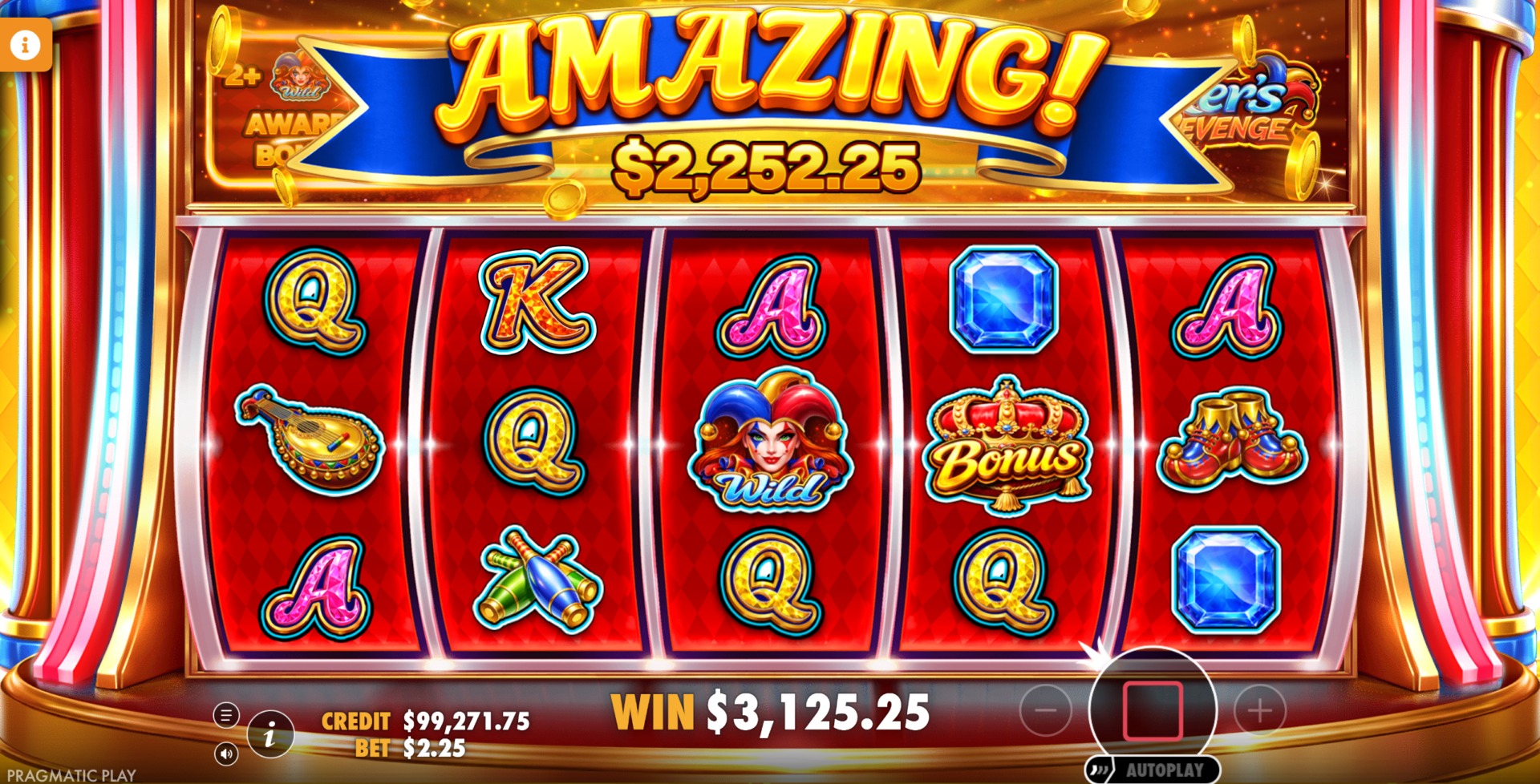 Joker's Revenge Super Free Spins Option 1 in progress showing Amazing win