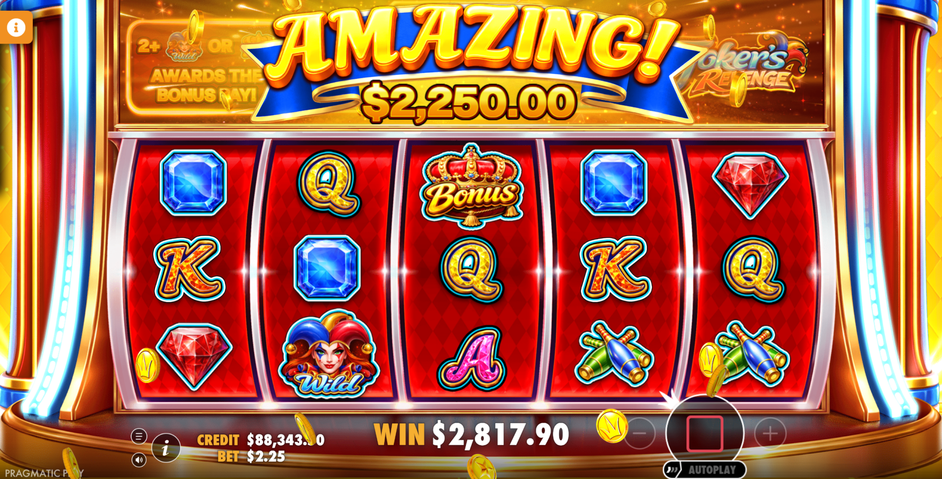 Joker's Revenge Super Free Spins Option 2 in progress showing Amazing win