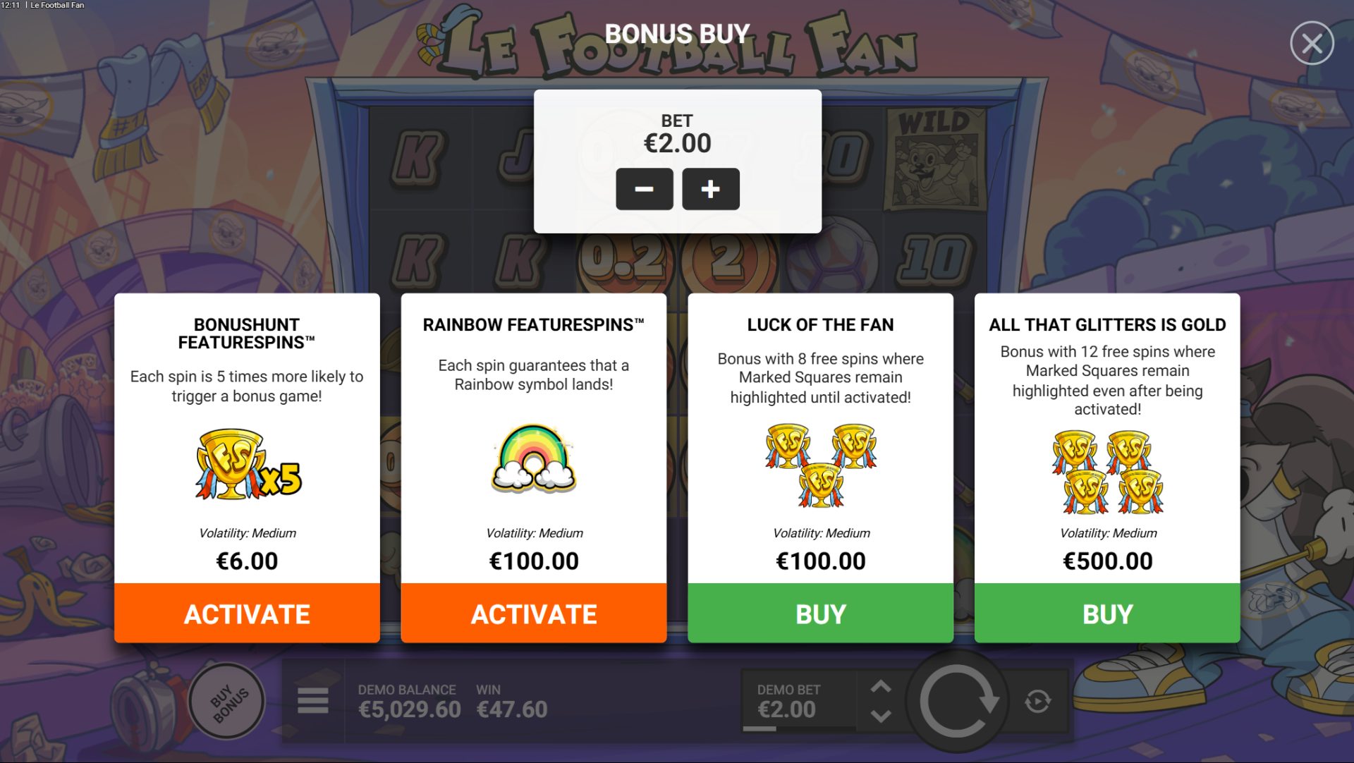 Le Football Fan bonus buy options menu showing four purchase options