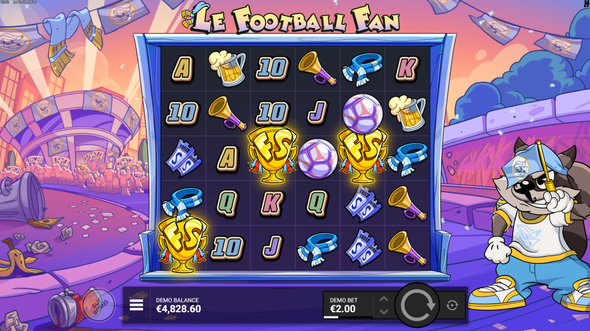 Le Football Fan Luck of the Fan free spins bonus feature in progress