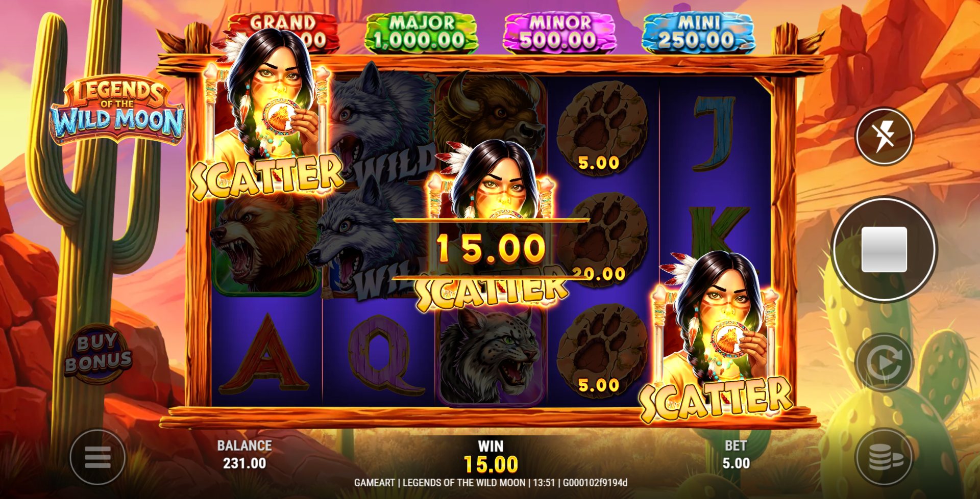Legends of the Wild Moon 3 scatter symbols triggering the free spins bonus