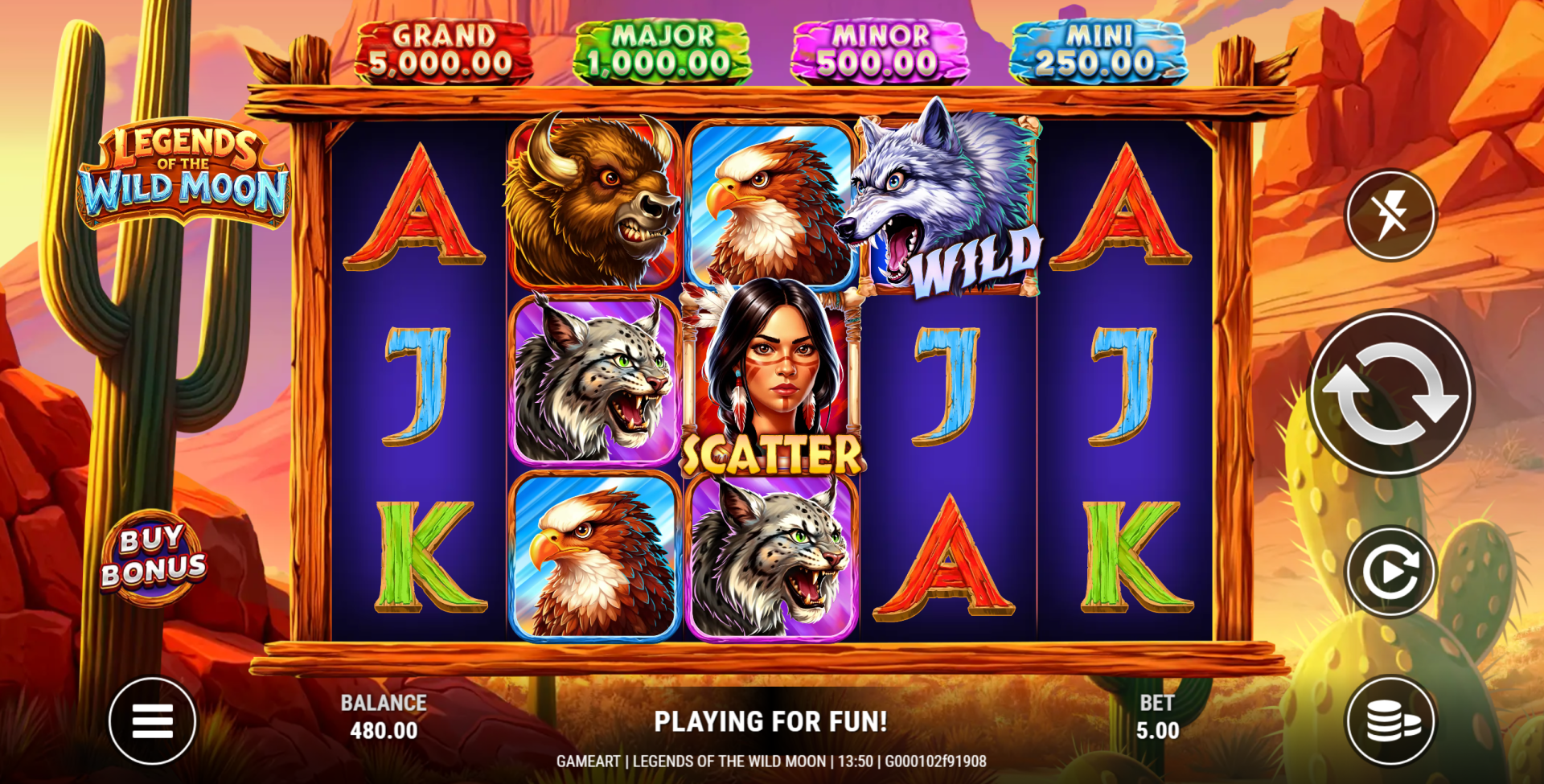 Legends of the Wild Moon base game - 5 reel slot with wolf wild symbol and tribal-inspired card rank symbols