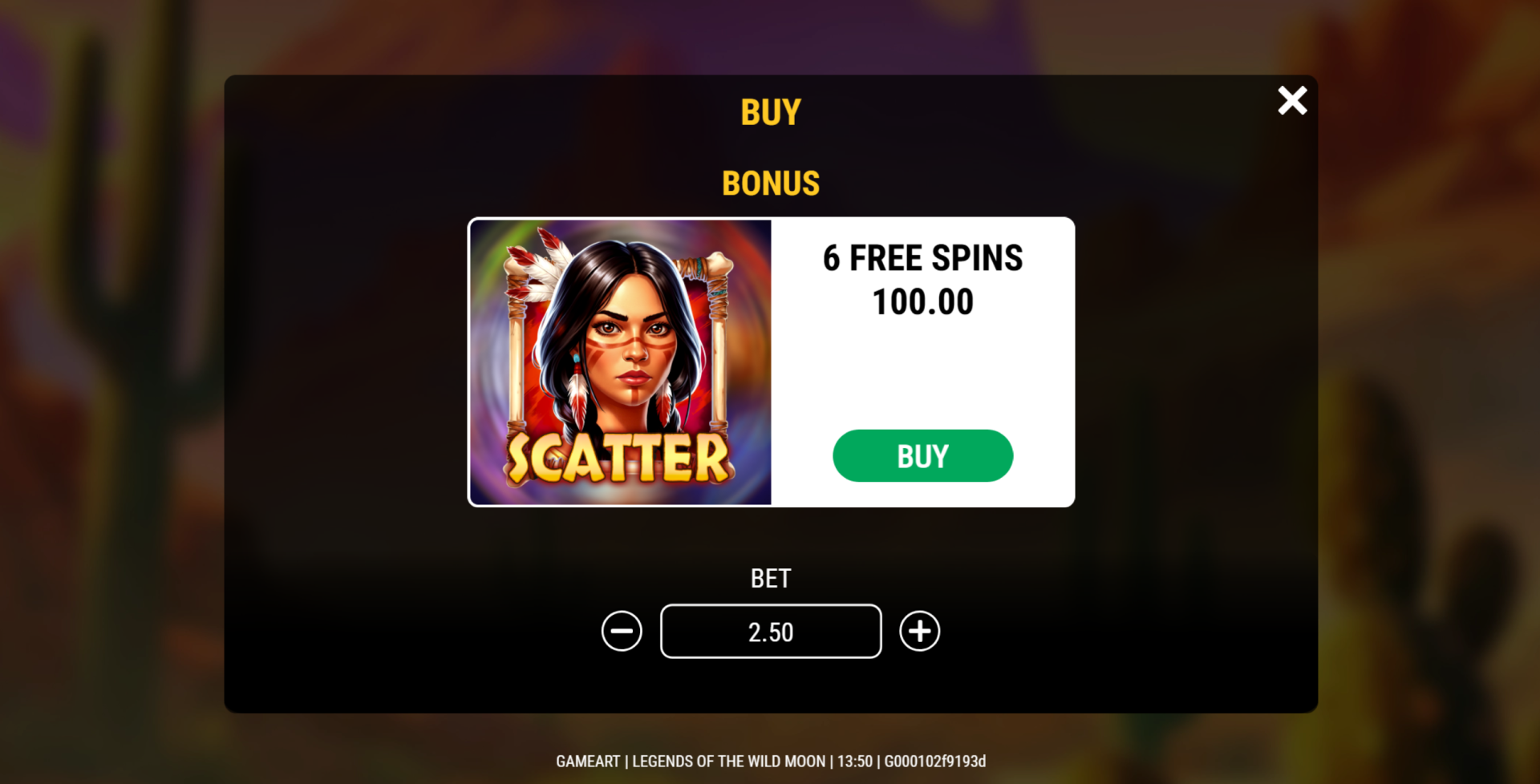 Legends of the Wild Moon bonus buy option screen