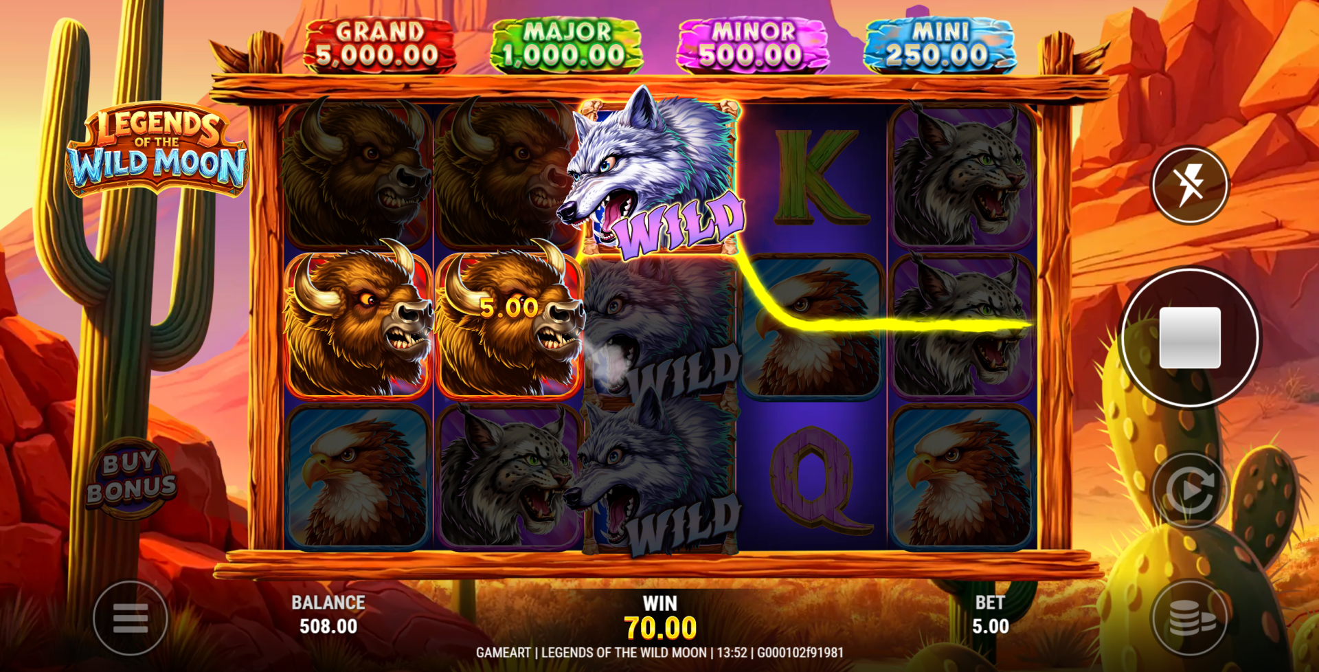 Legends of the Wild Moon wolf wild symbol substituting on the reels