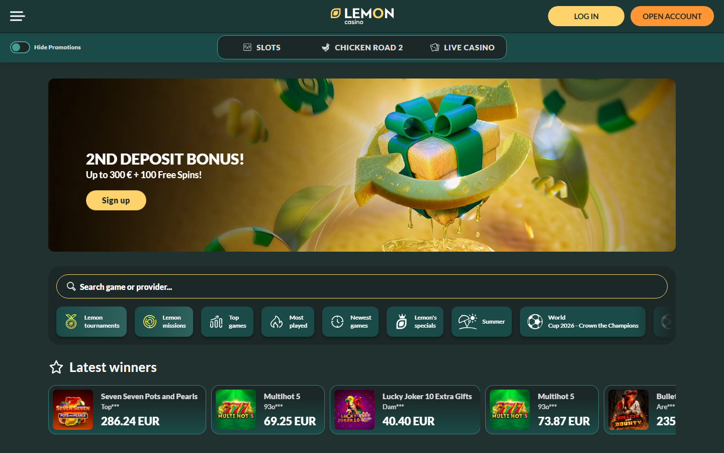 Lemon Casino homepage promo banner advertising a 2nd Deposit Bonus up to 300 EUR plus 100 Free Spins with a Sign up button, plus a live-winners strip