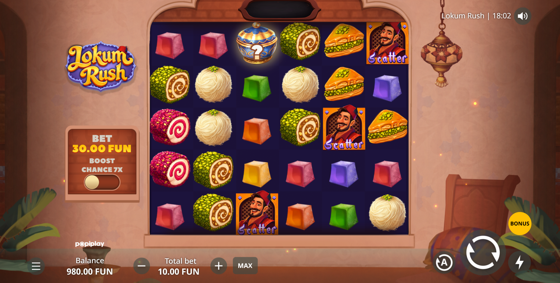 Lokum Rush base game showing the 6x6 grid with colourful sweet symbols