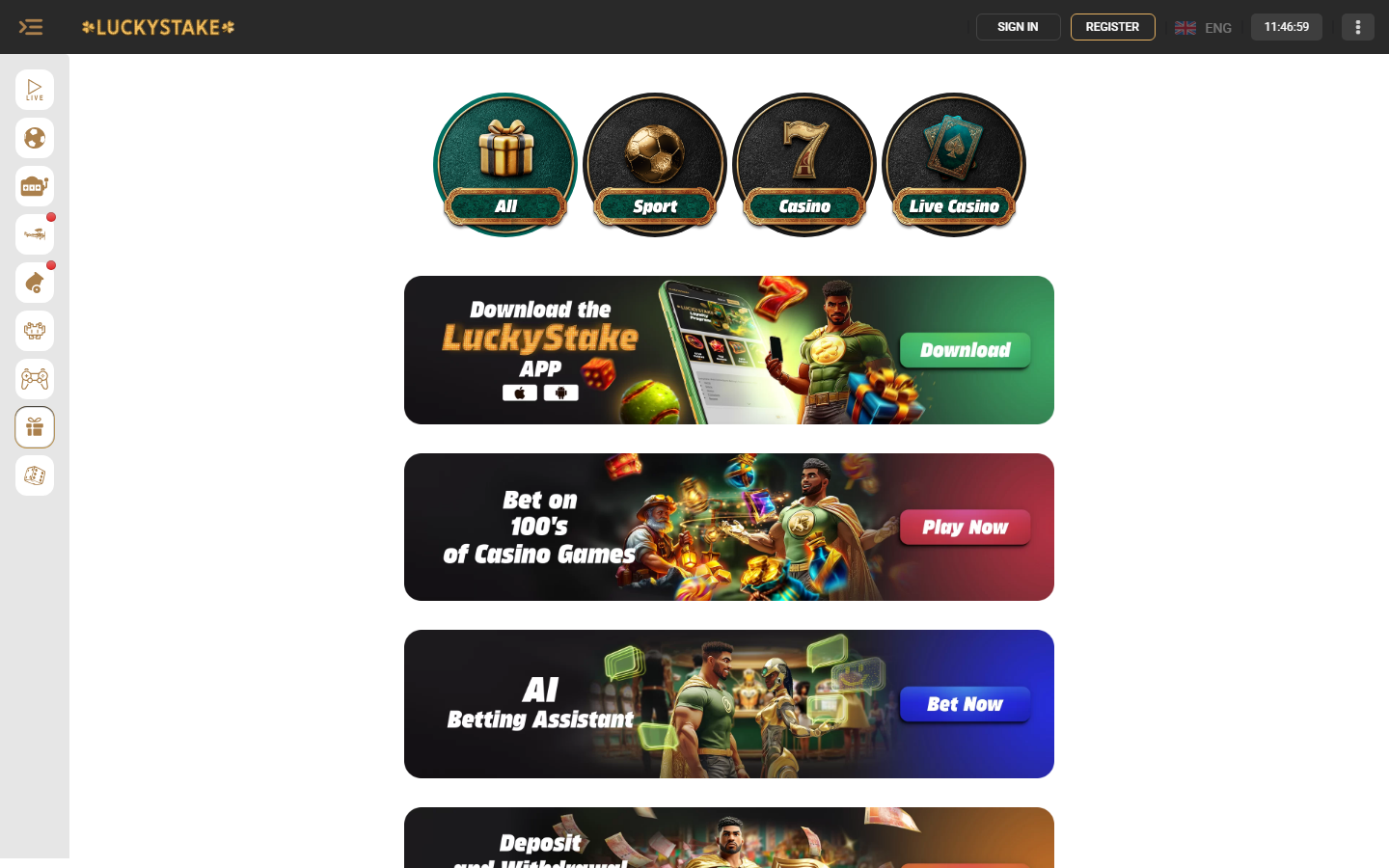 Lucky Stake promotions page showing bonus banners including the app download offer, casino games promo and AI betting assistant, with All/Sport/Casino/Live Casino filter tabs