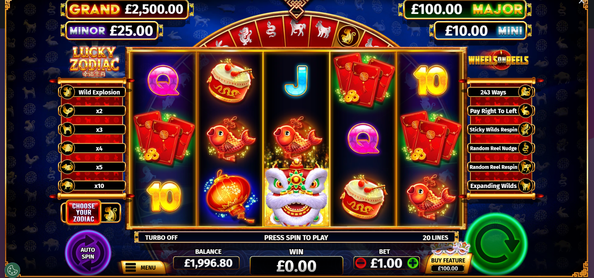 Lucky Zodiac base game showing the 5x3 reel grid with Chinese Zodiac symbols and bonus wheel