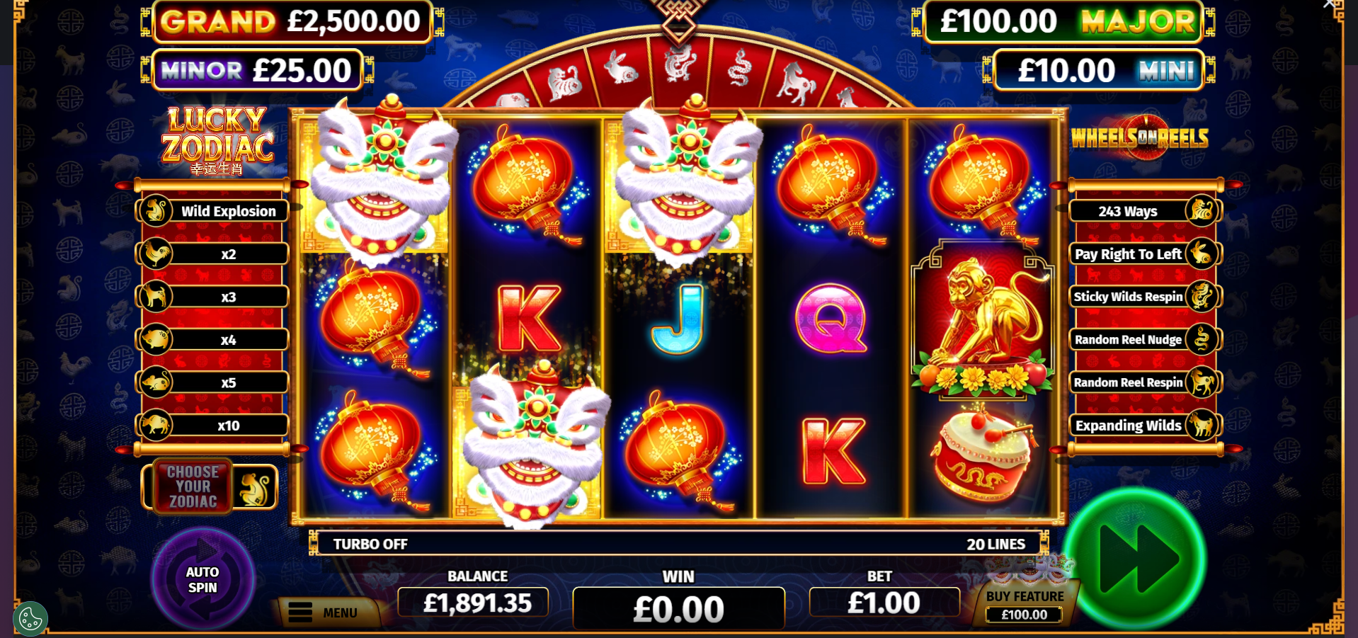Lucky Zodiac free spins bonus trigger with 3 or more scatter symbols landing
