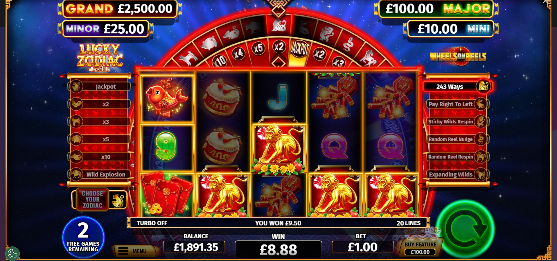 Lucky Zodiac free spins bonus feature with double wheel active