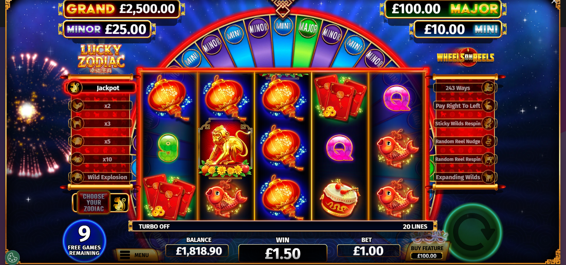 Lucky Zodiac jackpot wheel feature showing GRAND, MAJOR, MINOR and MINI jackpot prizes