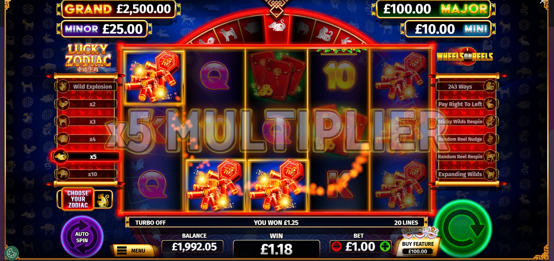 Lucky Zodiac wheel feature showing the bonus wheel with various prizes