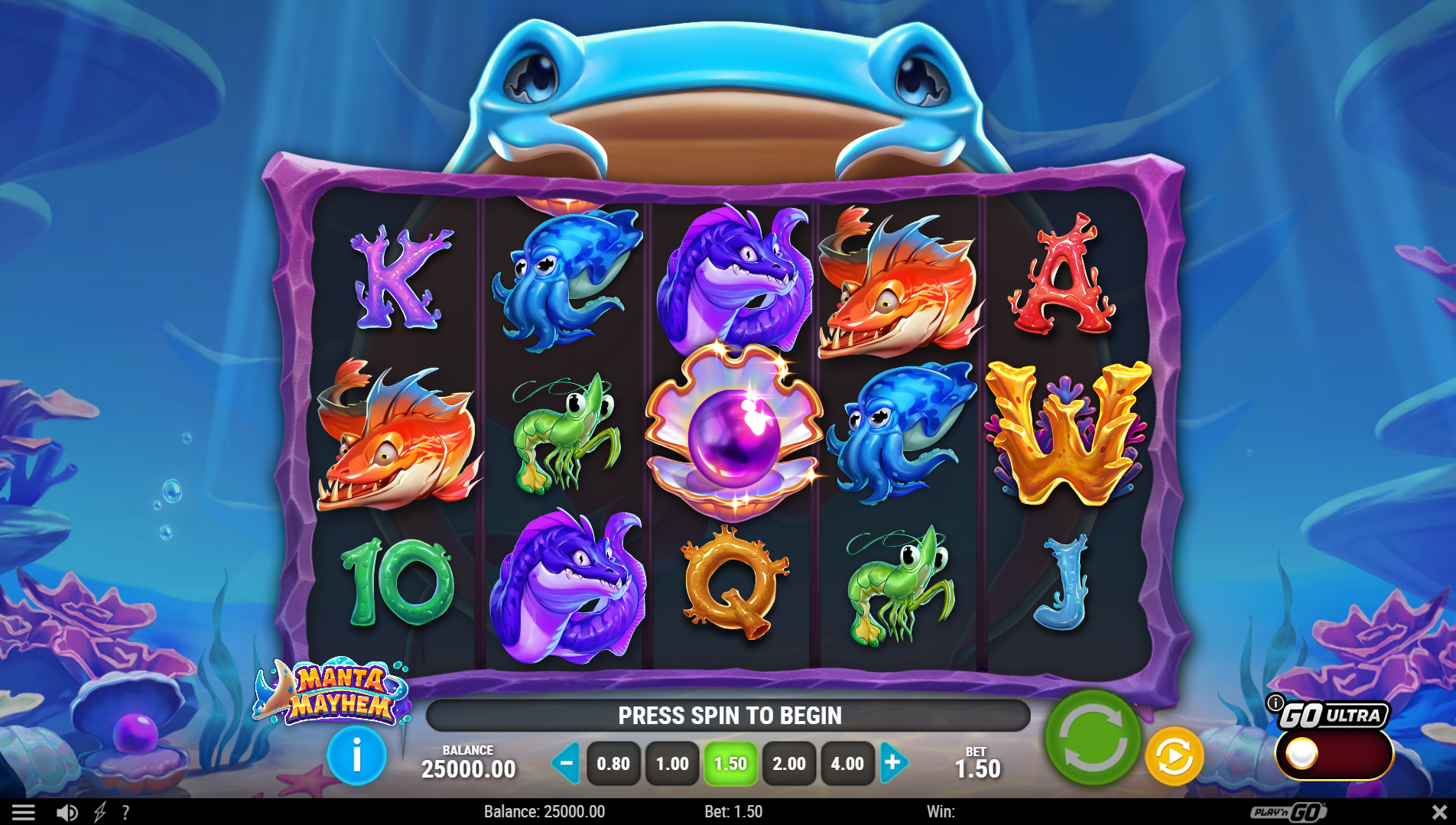 Manta Mayhem base game showing 5x3 grid with ocean theme symbols