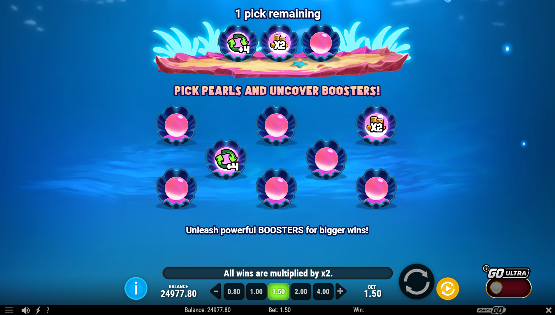 Manta Mayhem Bonus Booster Pick screen - Pick Pearls and Uncover Boosters