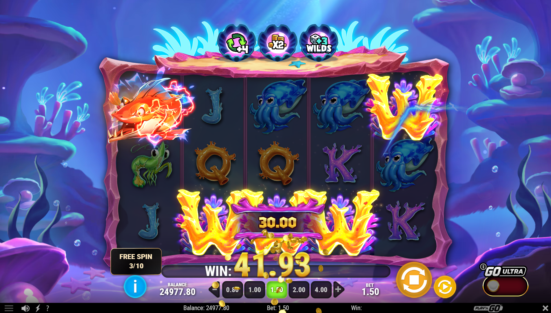 Manta Mayhem Free Spins bonus feature with boosters active