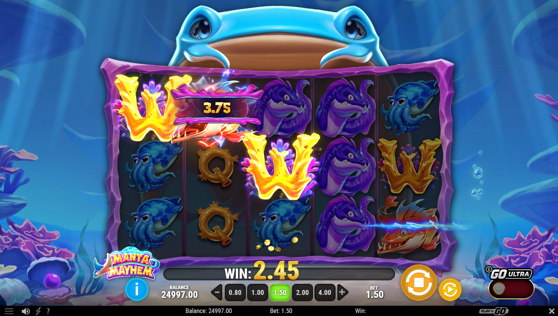 Manta Mayhem game showing 20 fixed paylines