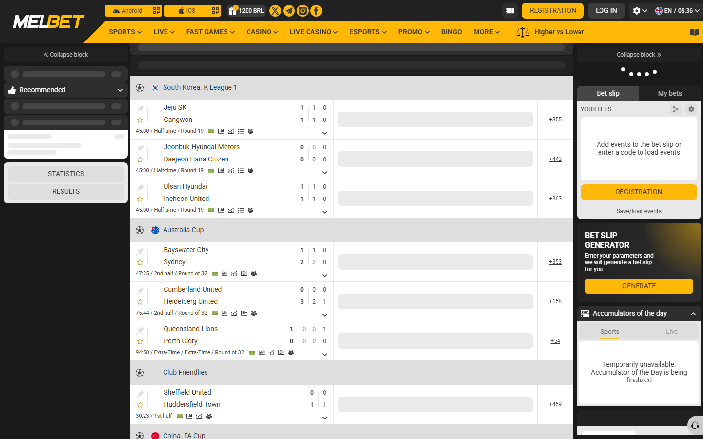 MelBet Global homepage rendered successfully from Brazil showing a 1200 BRL balance, full sports/live/casino navigation and a live football coupon with a bet slip sidebar