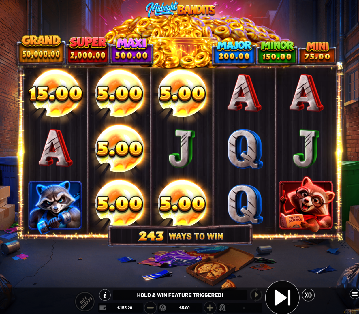 Midnight Bandits Hold & Win bonus coins showing cash values and jackpot symbols on the reels