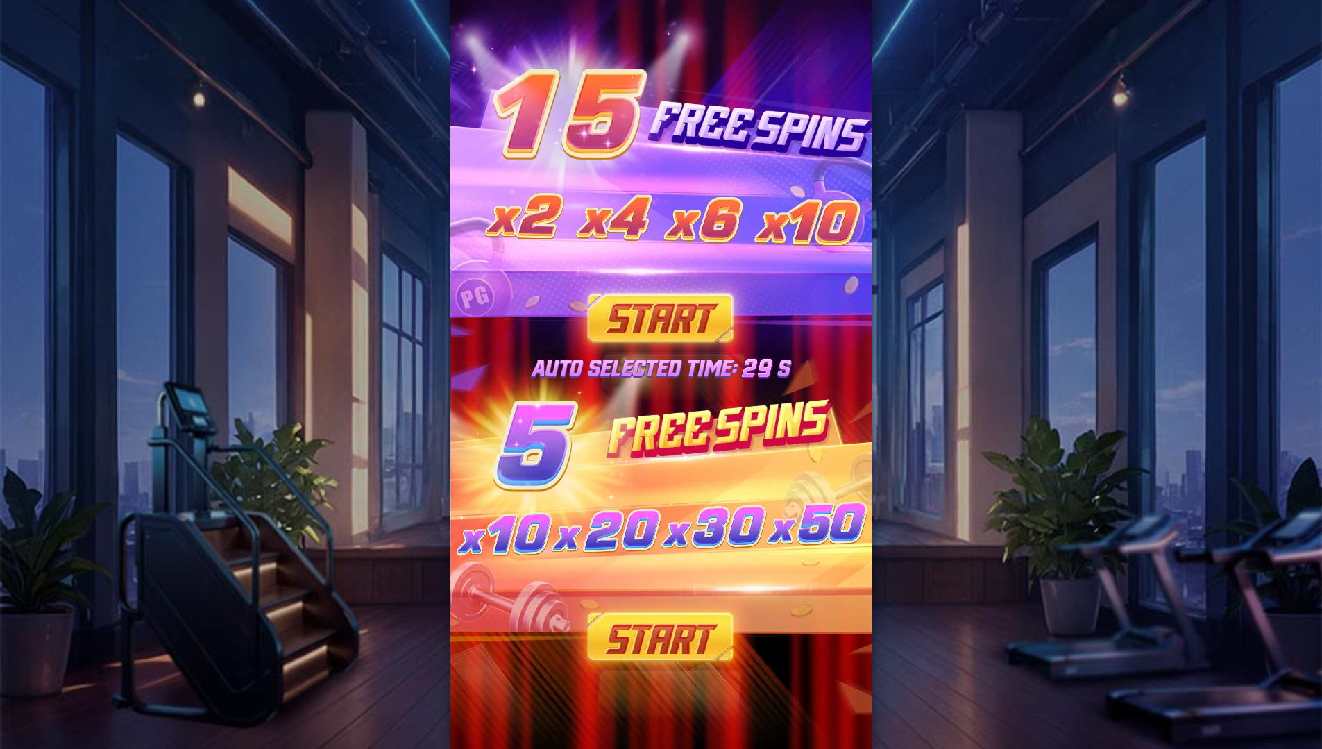 Mighty Mania Free Spins bonus choice screen - 5 or 15 free spins selection