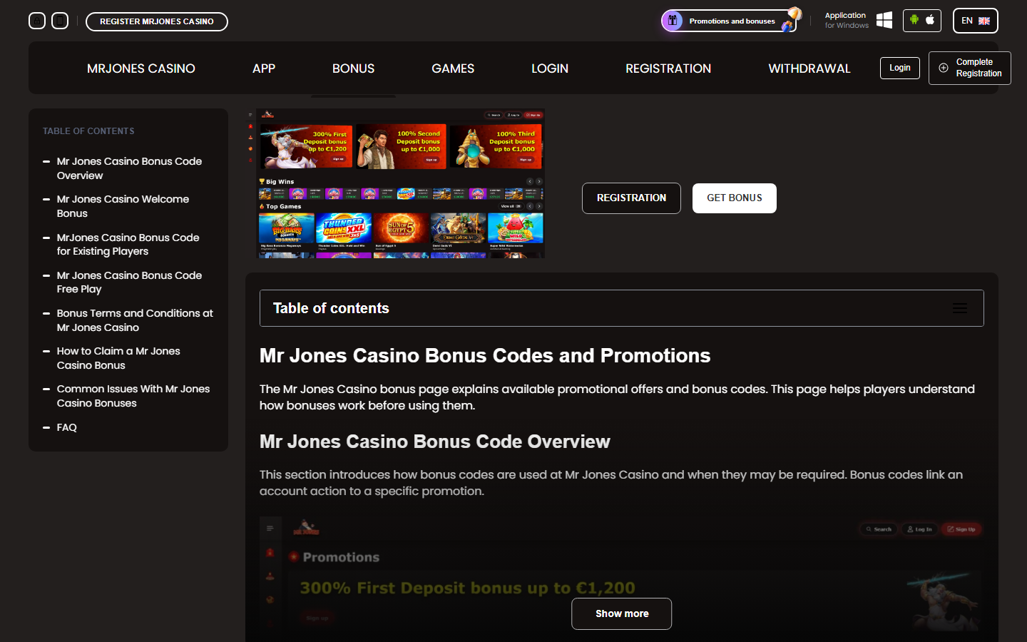 Mr Jones Casino bonus page showing the 300% first deposit bonus tiers and promotional codes