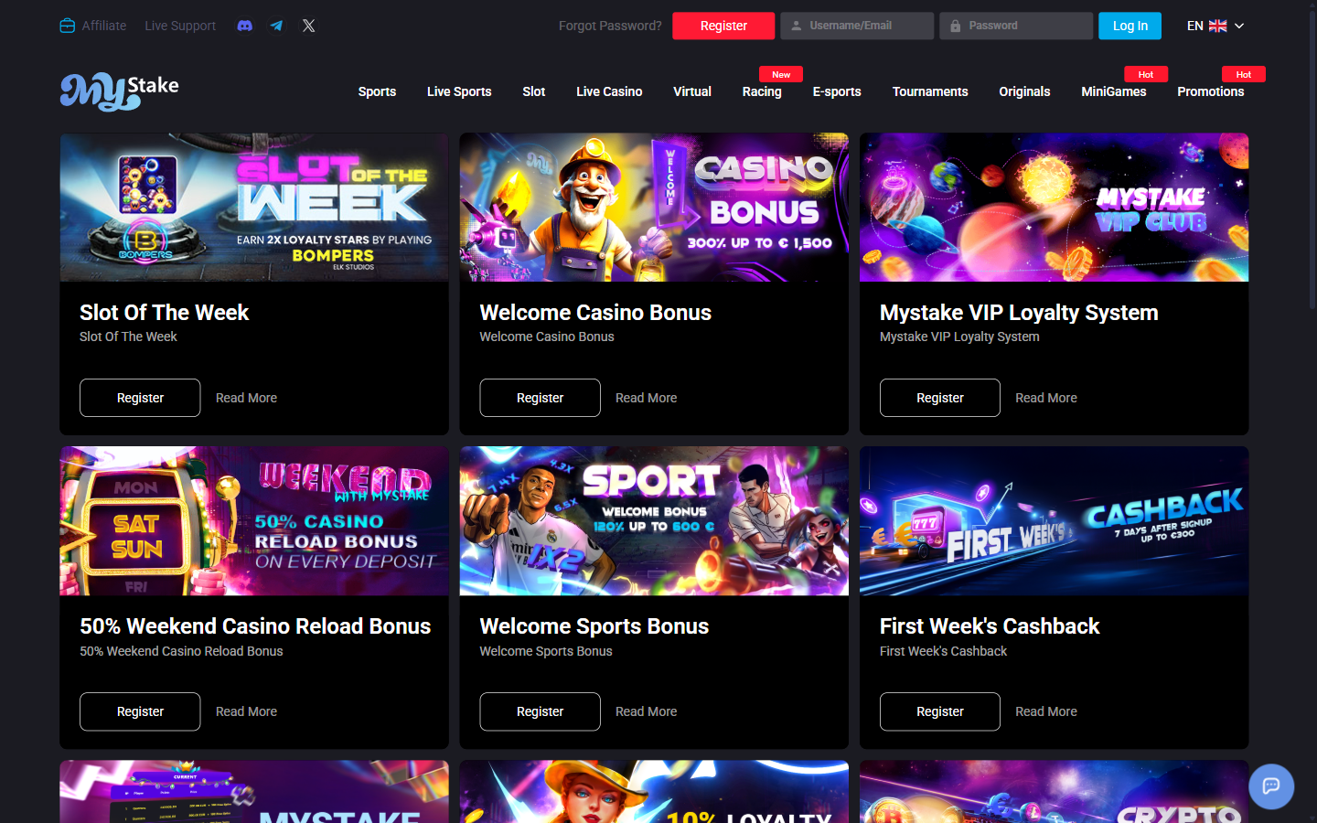 MyStake promotions page showing the welcome casino bonus, VIP loyalty system and weekend reload offers