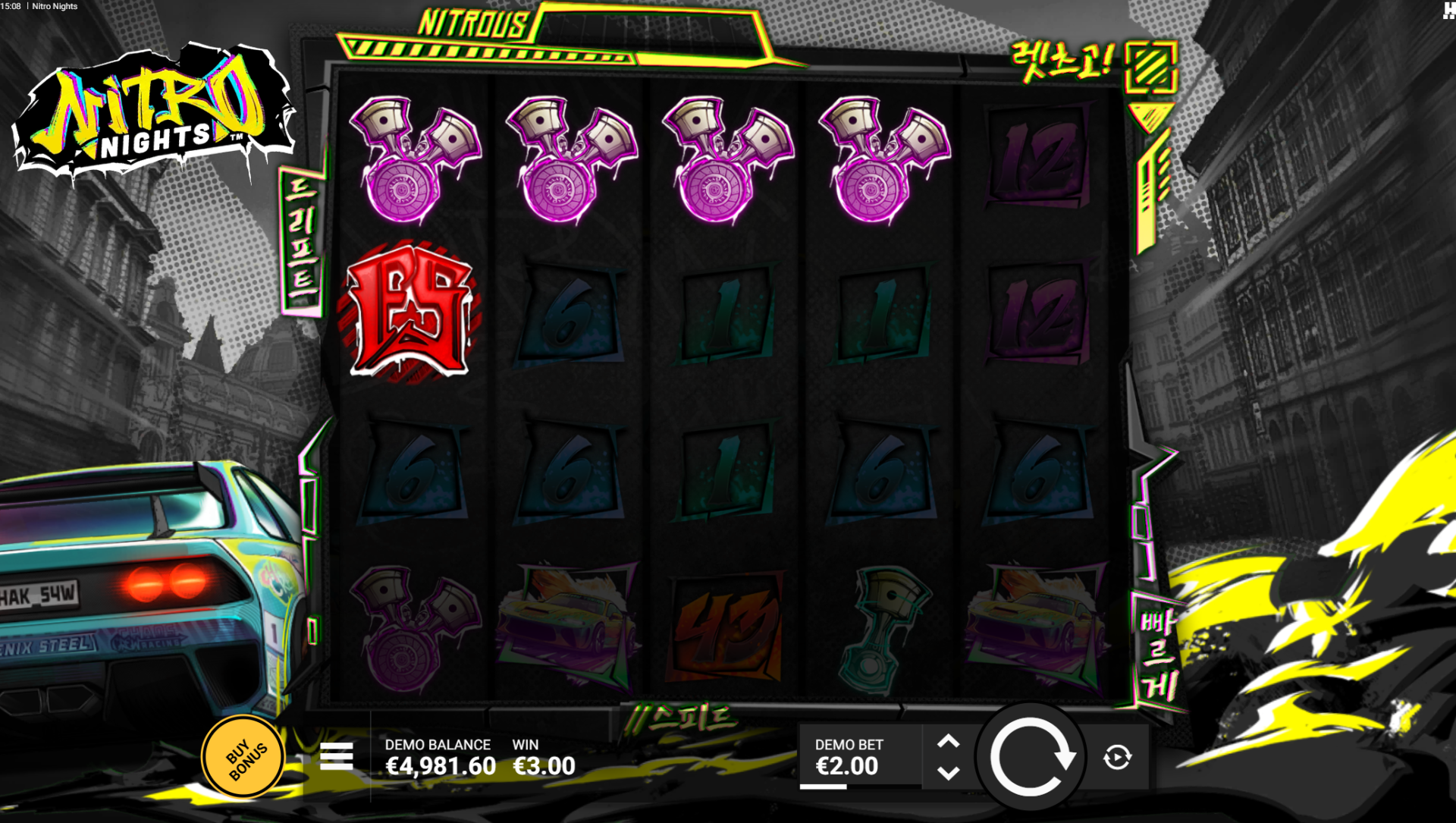 Nitro Nights base game - 5x4 reel grid with street racing theme and neon city backdrop