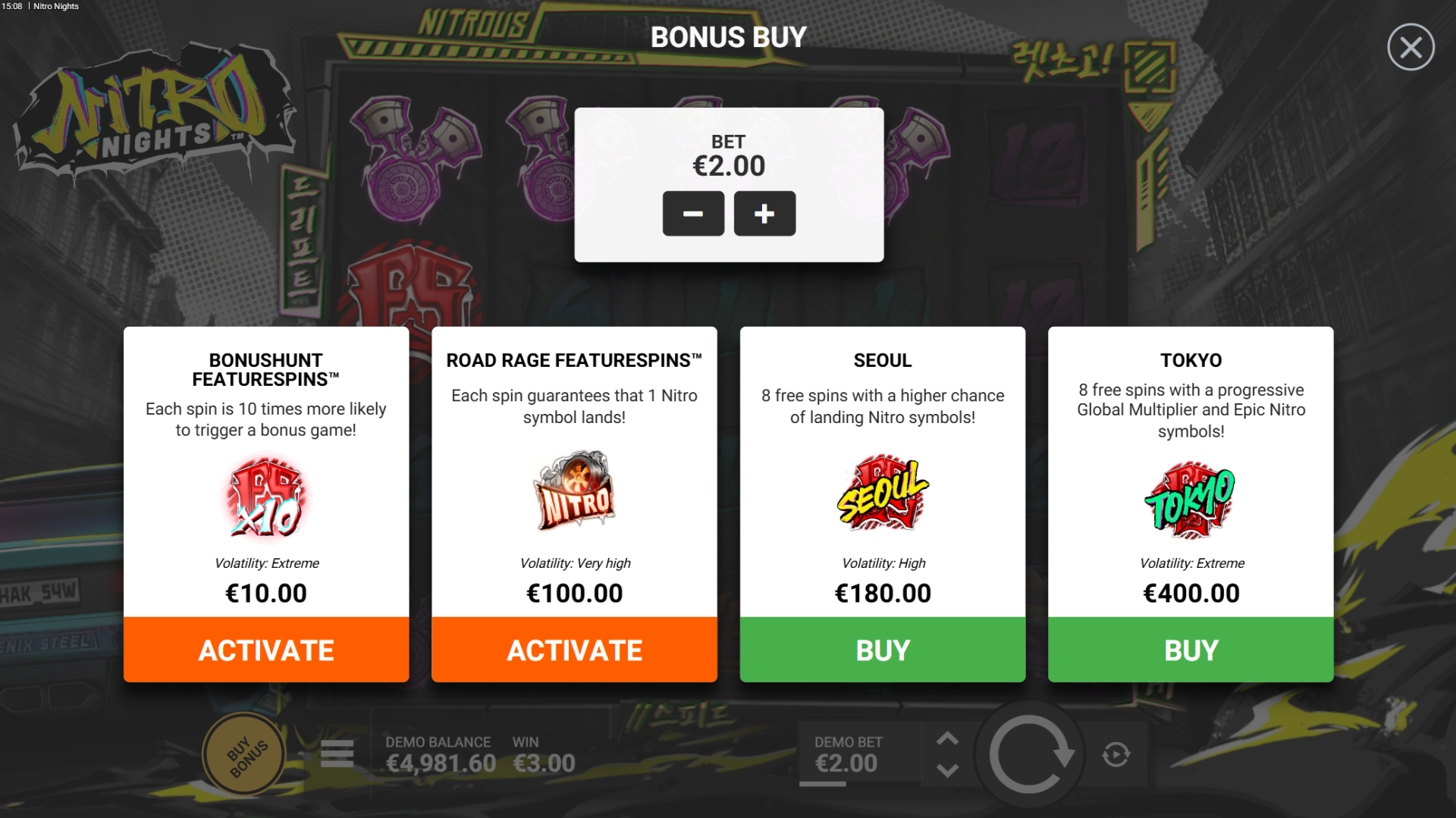 Nitro Nights bonus buy options showing BonusHunt, Road Rage, Seoul and Tokyo buy-ins