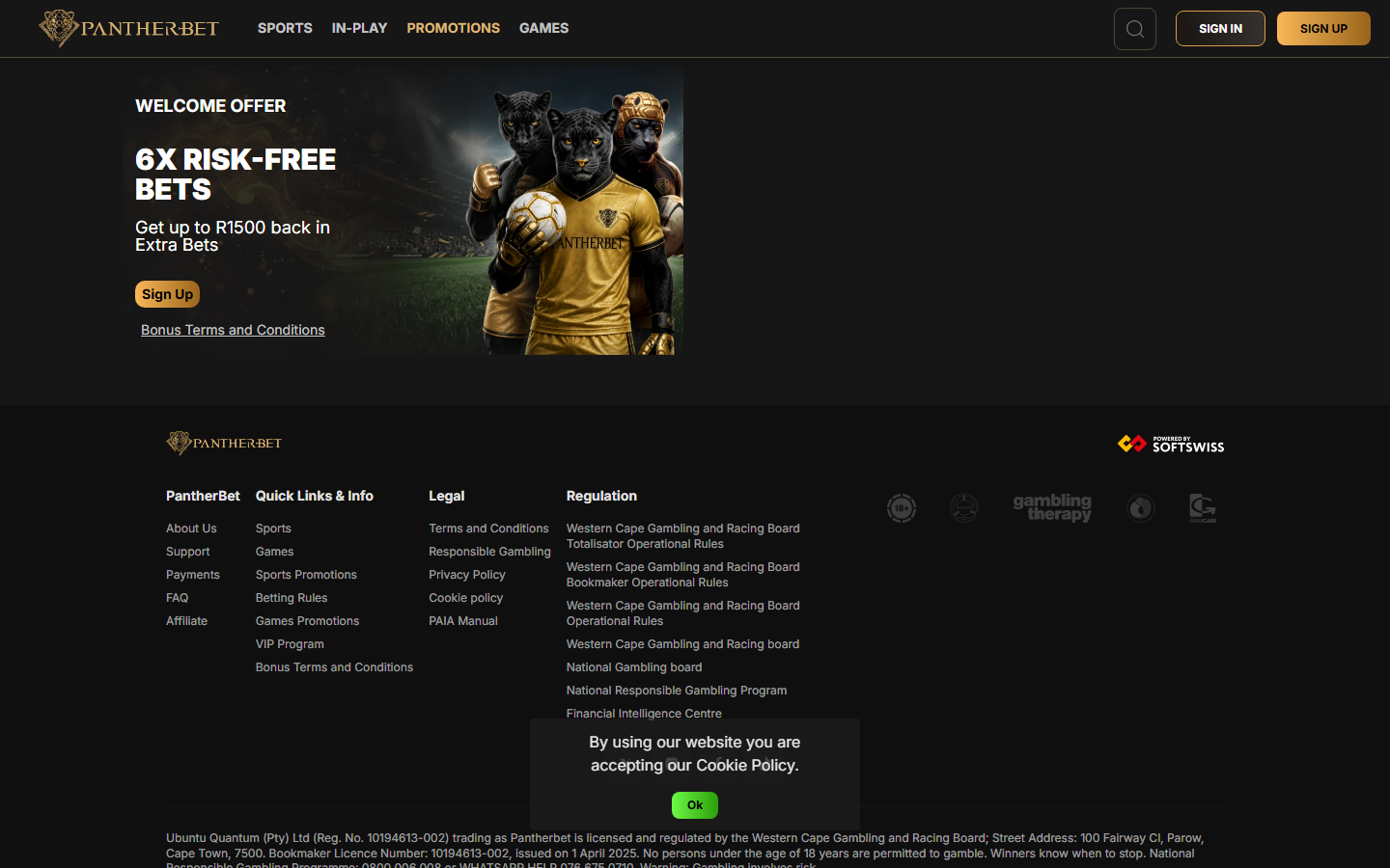 PantherBet promotions page showing the 6X Risk-Free Bets welcome offer with up to R1500 back in extra bets