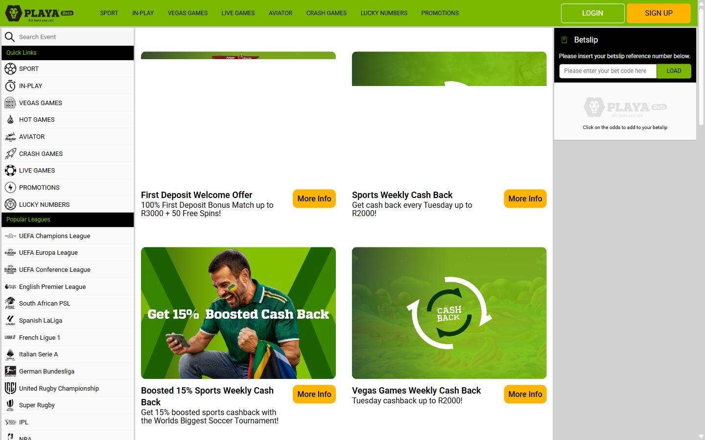 Playa Bets promotions page listing the First Deposit Welcome Offer (100% up to R3000 plus 50 free spins), Sports Weekly Cash Back, Boosted 15% Sports Cash Back and Vegas Games Weekly Cash Back
