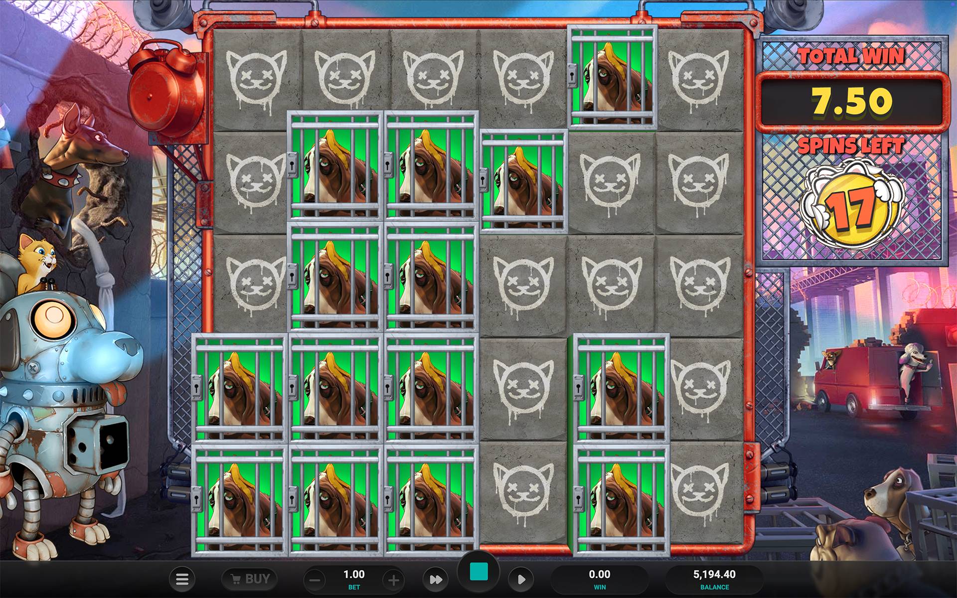 Purrrminator Dream Drop Free Spins feature on the enlarged 6x5 grid