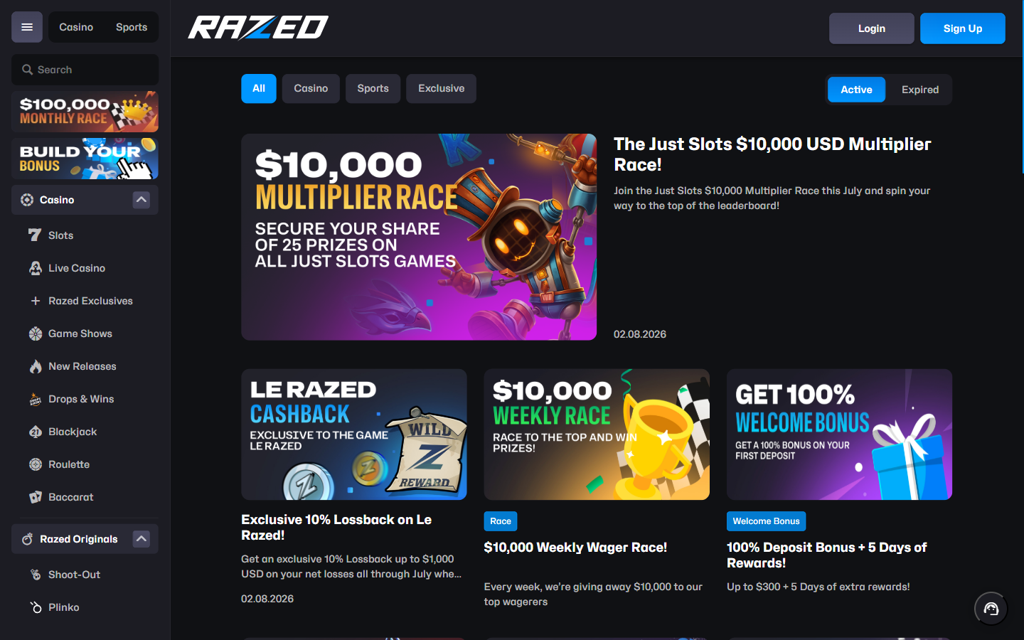 Razed Casino promotions page showing the multiplier race, weekly wager race and 100% welcome bonus offers