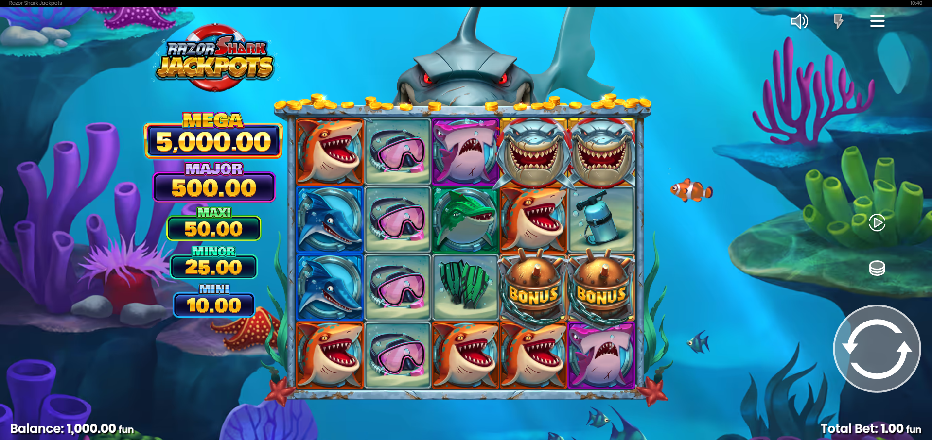 Razor Shark Jackpots base game play on a 5x4 grid with 20 fixed paylines