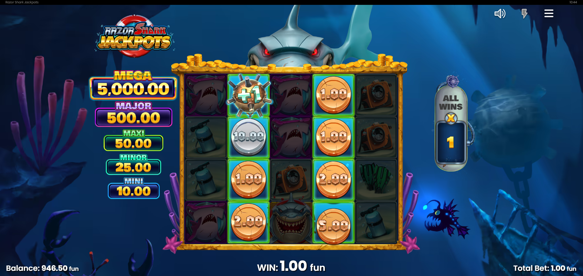 Razor Shark Jackpots Free Spins mode showing the bonus round in action
