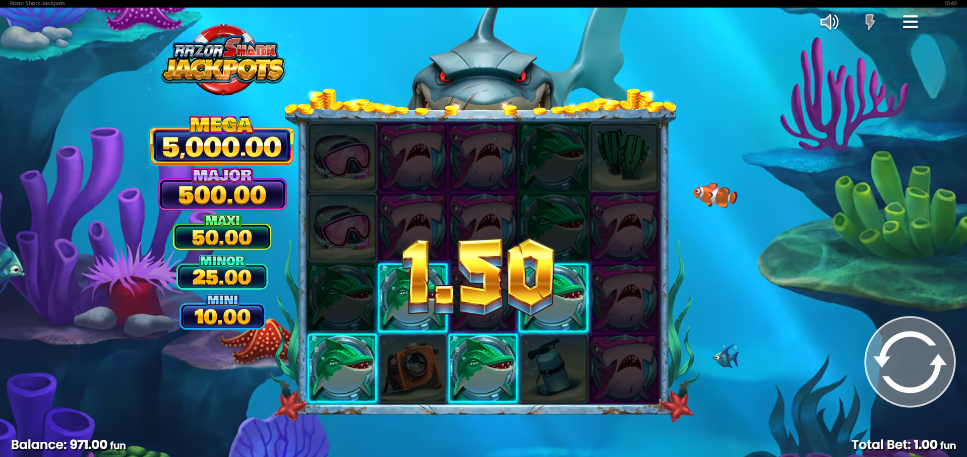 Razor Shark Jackpots paytable showing 20 fixed paylines